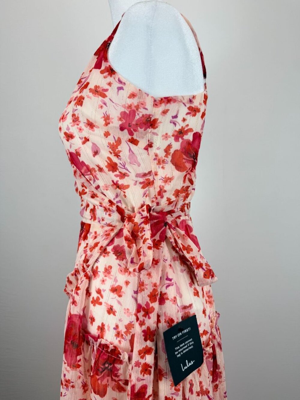 Lulus Womens Size S Pink Floral Wrap Midi Dress Ruffle Sleeveless NWT - Picture 13 of 16